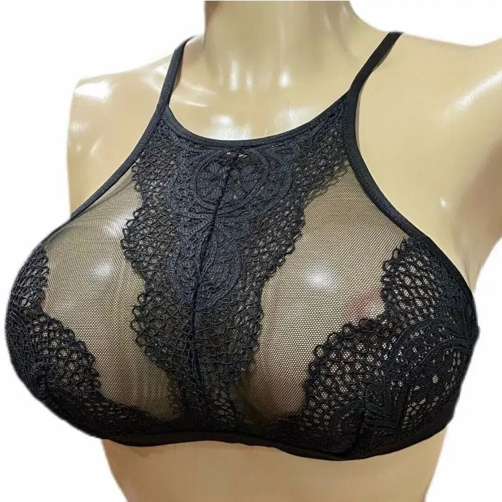 Victorias Secret Body crochet lace and sexy sheer high neck bralette bra black M
